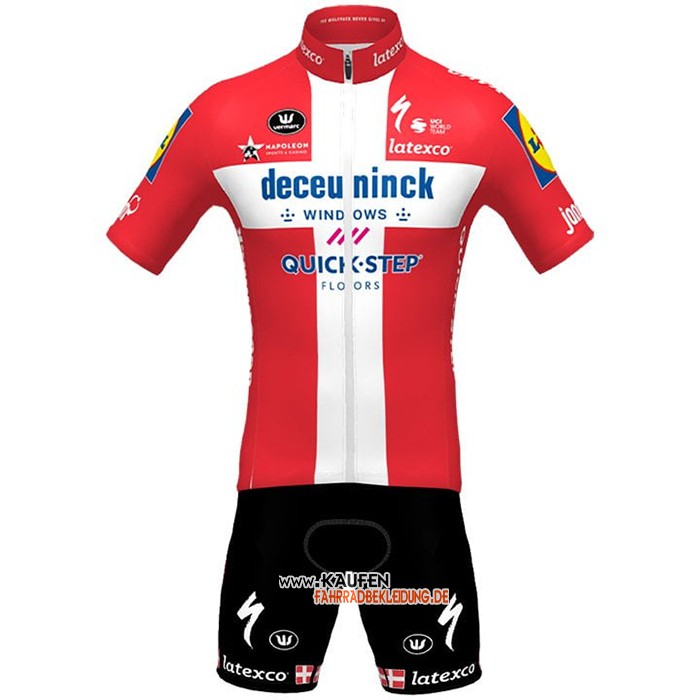 2021 Deceuninck Quick Step Kurzarmtrikot und Kurze Tragerhose Campione Danemark